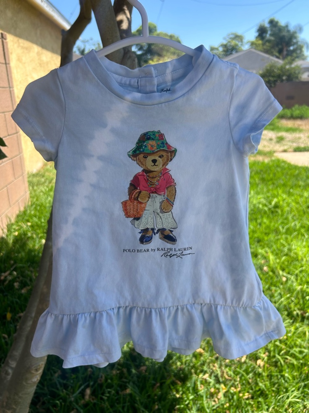 Ralph Lauren White Polo Bear Ruffle-Hem Tee dress with Colorful Bear Graphic